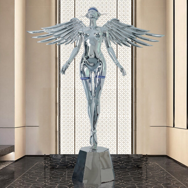 Chrome angel sculpture with wings and LED lighting – futuristic resin statue
