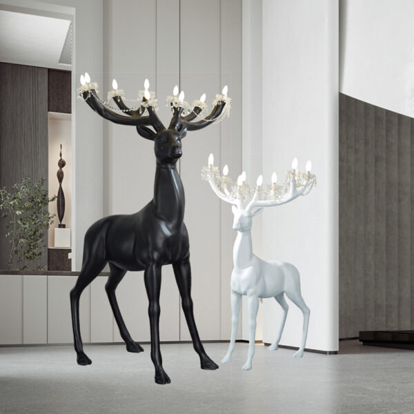Resin animal floor lamp sculpture with chandelier antlers – black and white fiberglass deer