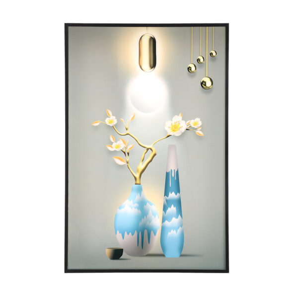 BH06 wall art light with modern vases, gold pendant bulb, and LED backlight