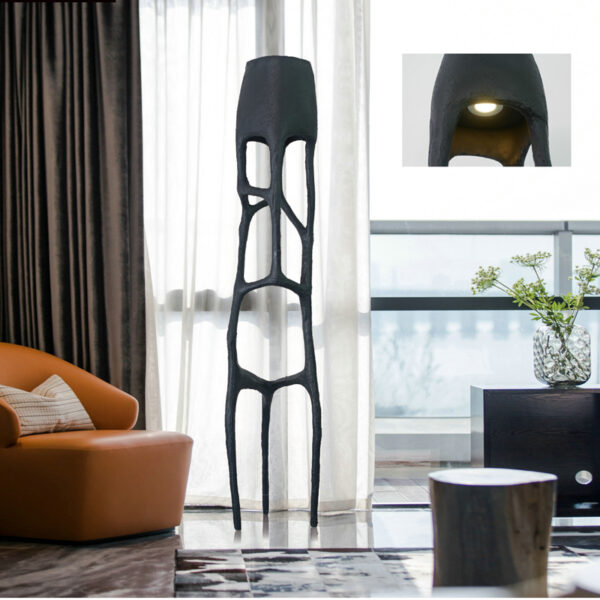 Black artistic tall floor lamp with organic hollow structure, model L8826