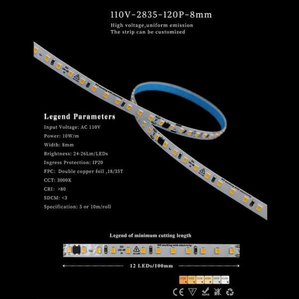 110V 2835 LED Strip Light – 120LEDs/m – 8mm – 3000K – YD37P