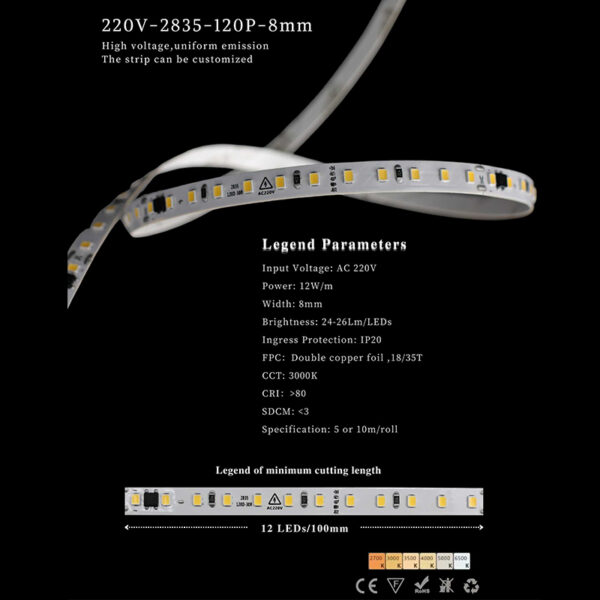 220V 2835 120LEDs 8mm LED strip light for high-voltage applications