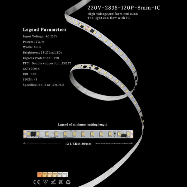 220V LED strip light with 2835 SMD and IC control, 120 LEDs per meter