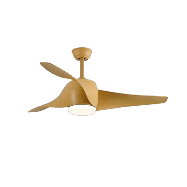 Small plywood ceiling fan with natural finish and integrated LED light