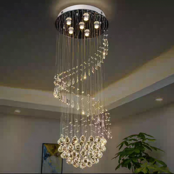 Spiral crystal chandelier 6041-6 with GU10 lighting and cascading round drops